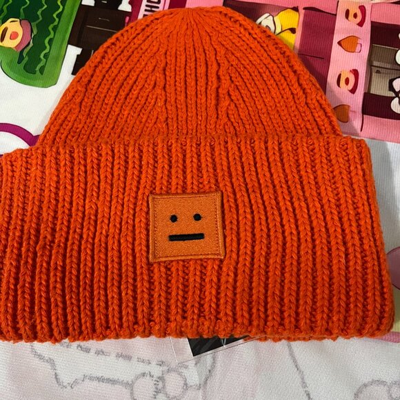 Acne Studios Orange Smiley Face Knit Beanie - Picture 2 of 7